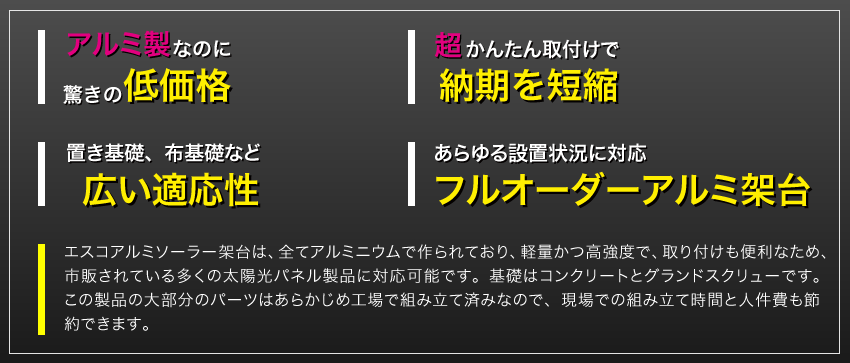 エスコアルミソーラー架台は、全てアルミニウムで作られており、軽量かつ高強度で、取り付けも便利なため、市販されている多くの太陽光パネル製品に対応可能です。基礎はコンクリートとグランドスクリューです。この製品の大部分のパーツはあらかじめ工場で組み立て済みなので、現場での組み立て時間と人件費も節約できます。